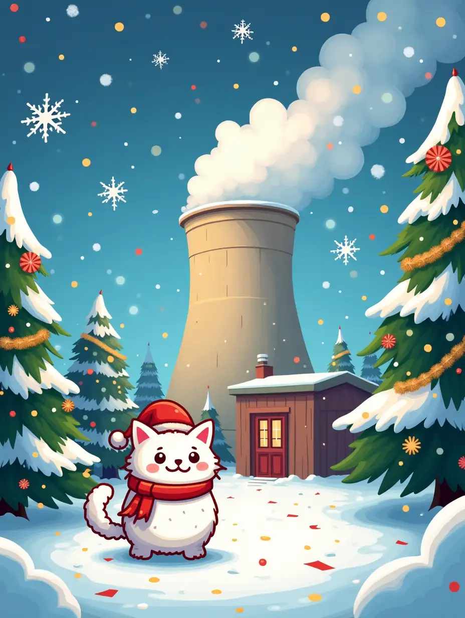 kawaii festive nuclear power plant in the atmosphere of Christmas, atomic shaggy cat in front, around snow, large  snowflakes, festive with confetti and tinsel fir trees and colorful garlands, paint in cartoon anime style