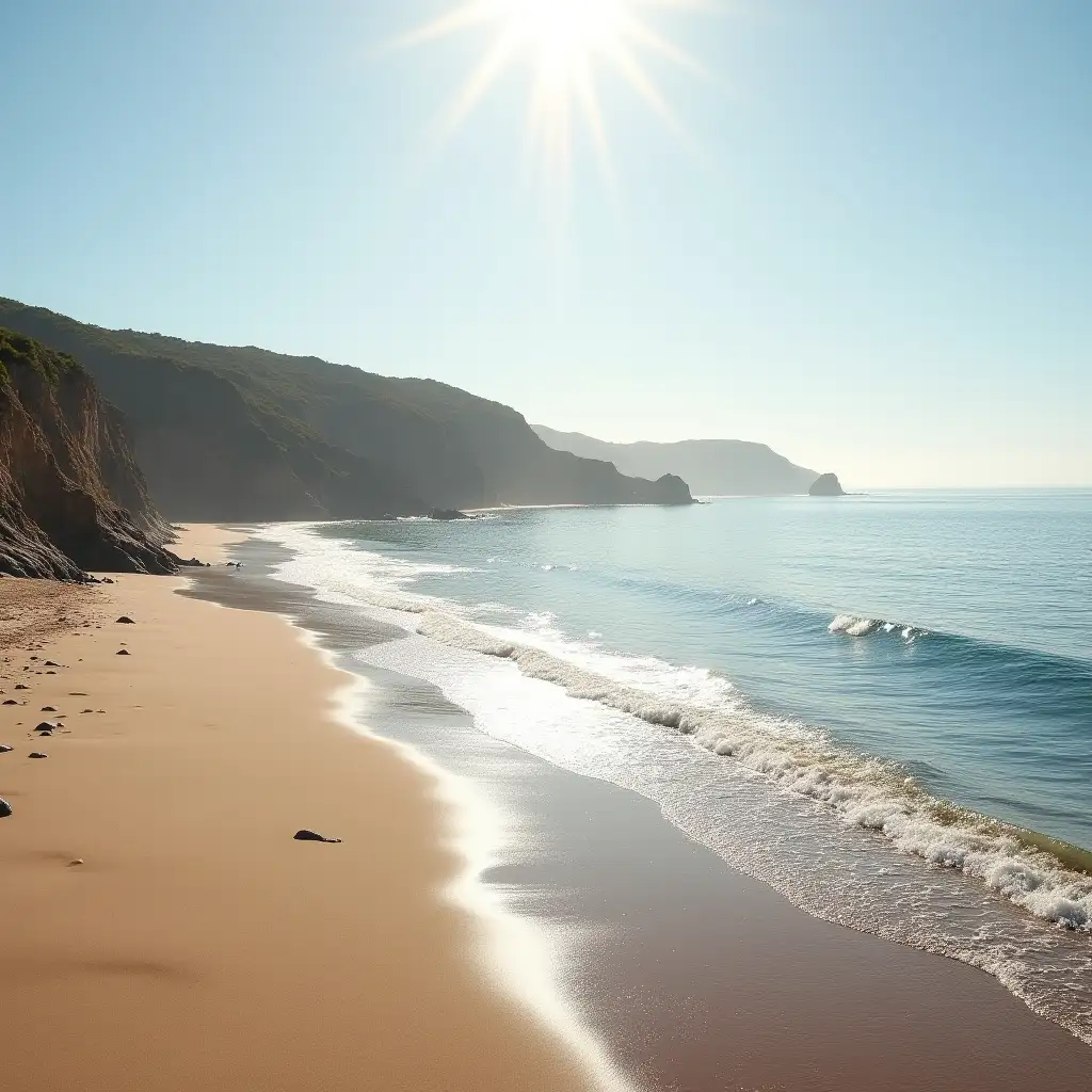 Hyper-realistic coastal landscape of Liencres, Cantabria, on a sunny autumn morning with a gentle breeze and calm sea, detailed textures of sandy beaches and coastal cliffs, soft natural lighting with no color saturation, professional photography quality. The wet sand near the shoreline, evoking a sense of calm and happiness. Shot from a natural eye-level perspective, capturing the serene and peaceful beauty of the coastline