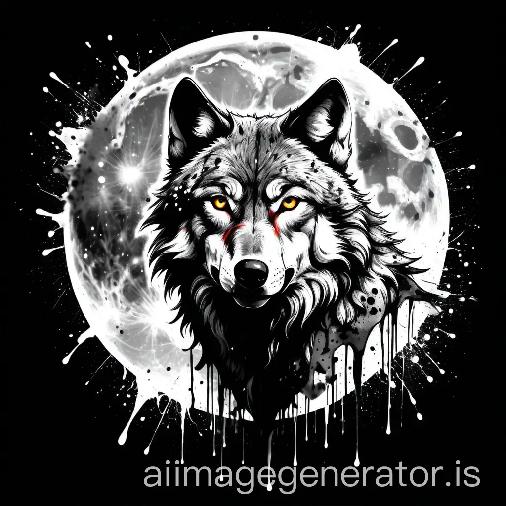 wolf head on white background, under the full moon. with paint splatters. black and white. very high quality