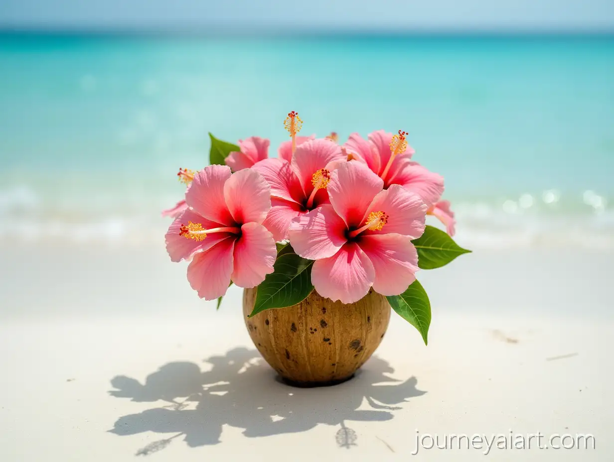 Tropical-Hibiscus-BouquetTropical-hibiscus-bouquet-Maldives-in-Coconut-Vase-on-Maldives-Beach