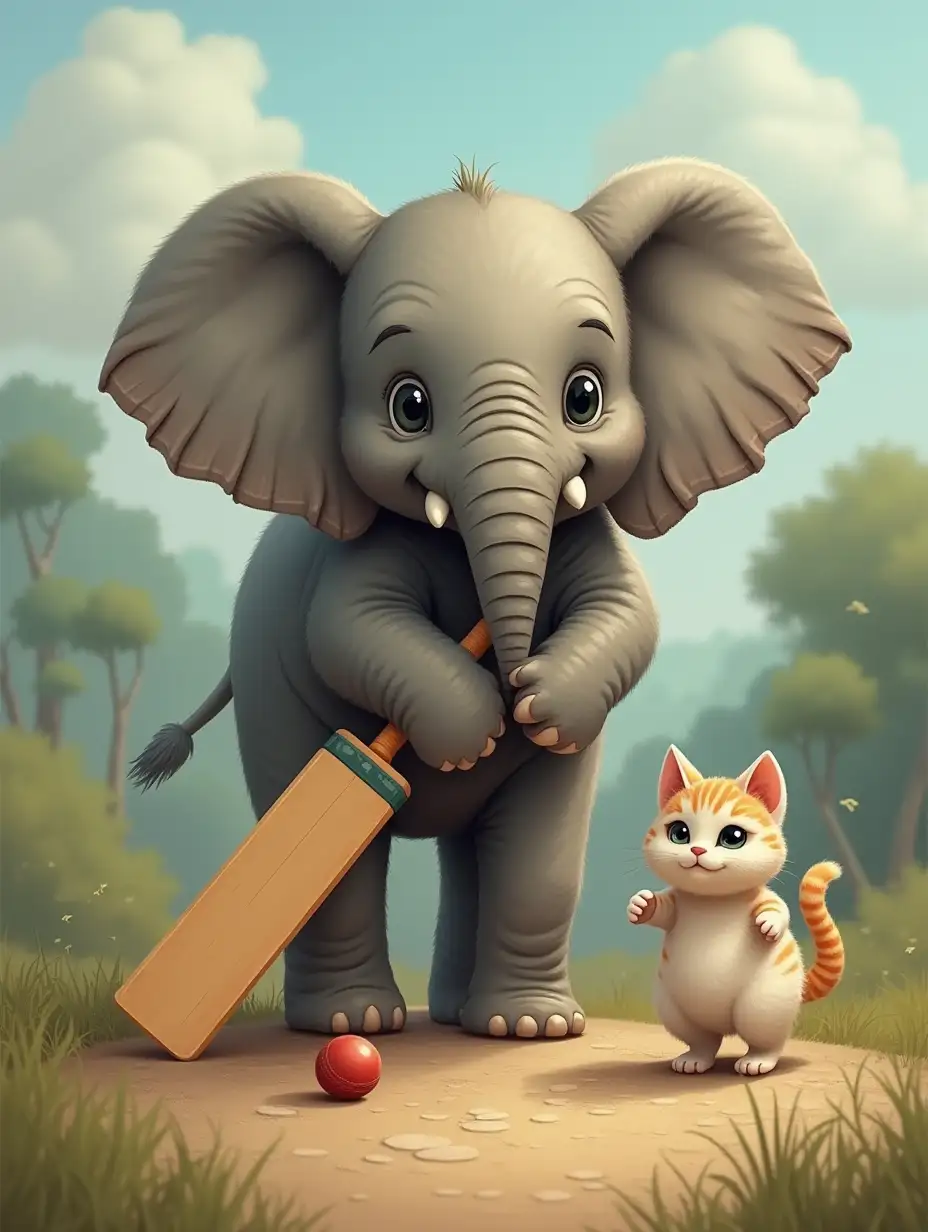 A elephant playing cricket with a cat