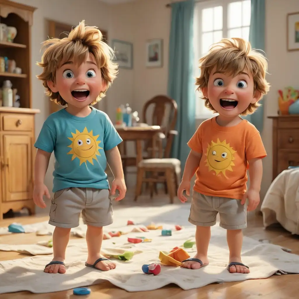 Two boy twins, Misha and Grishka, are standing in the center of the room with mischievous smiles on their faces. They are wearing bright t-shirts and shorts, their hair slightly tousled. There's chaos around them: toys are scattered on the floor, an overturned chair, and a teacup spilled with juice on the table. In the background, you can see a surprised mom who has just entered the room and frozen at the threshold with a towel in her hands. The sun is shining outside, creating a fun and dynamic atmosphere of childish pranks.