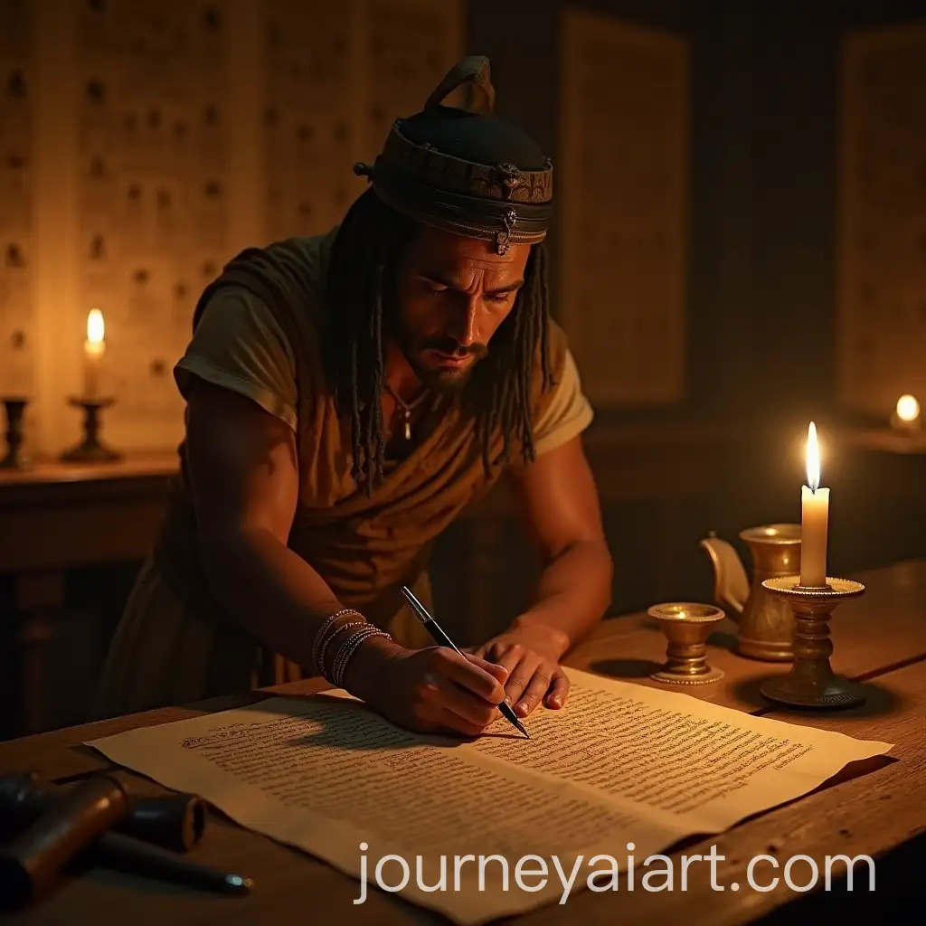 Ancient-Egyptian-Scribe-Struggling-to-Write-in-Candlelit-Chamber