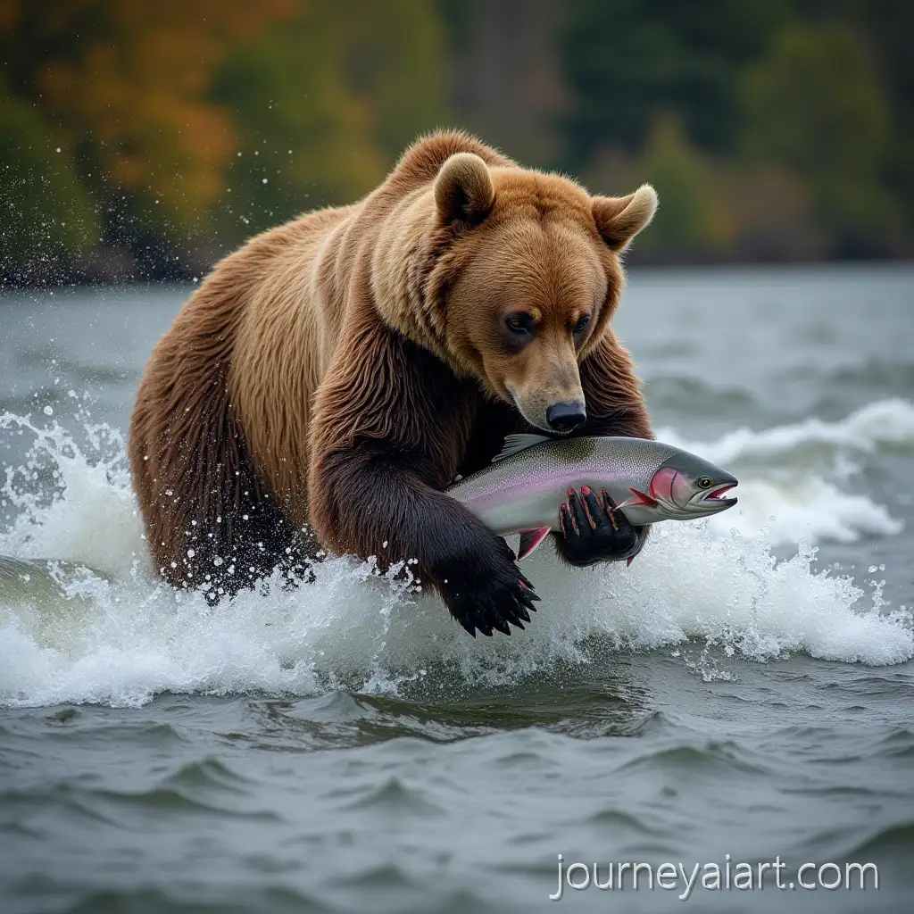 Brown-Bear-Catching-Salmon-in-River-at-Dawn-with-Splashing-Water-Realistic-Wildlife-Photography