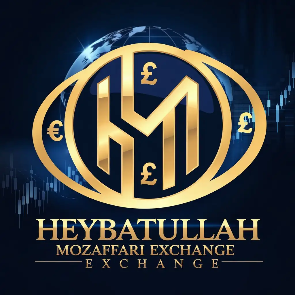 LOGO Design for Heybatullah Mozaffari Exchange Gold Navy Blue with Currency Symbols and Globe