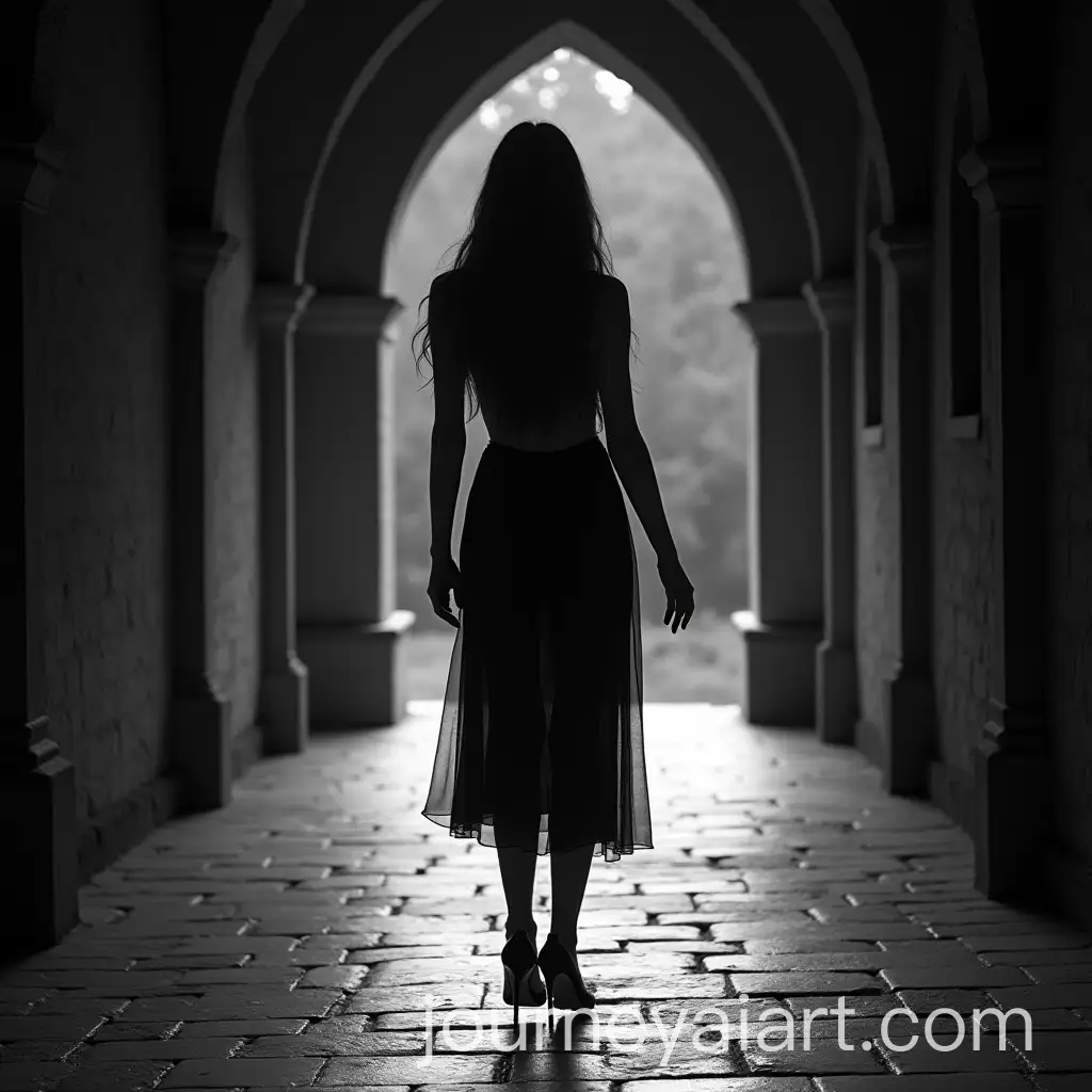 Woman-in-Lauboutin-High-Heels-Walking-Under-Medieval-Gothic-Arches