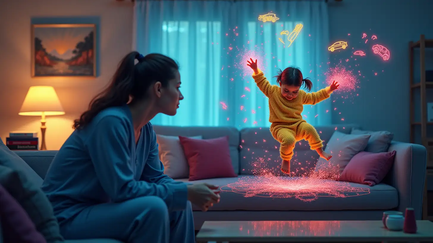 realistic brunette woman dressed in blue pajamas seating in couch looking at kid, 4 years dressed in yellow pajamas holding a red toy car is jumping in couch, living room with blue, red, grey, and white elements, crayon kid drawing of cars, lighting, flags are floating all around, the drawings emit a neon light, realistic photographic look