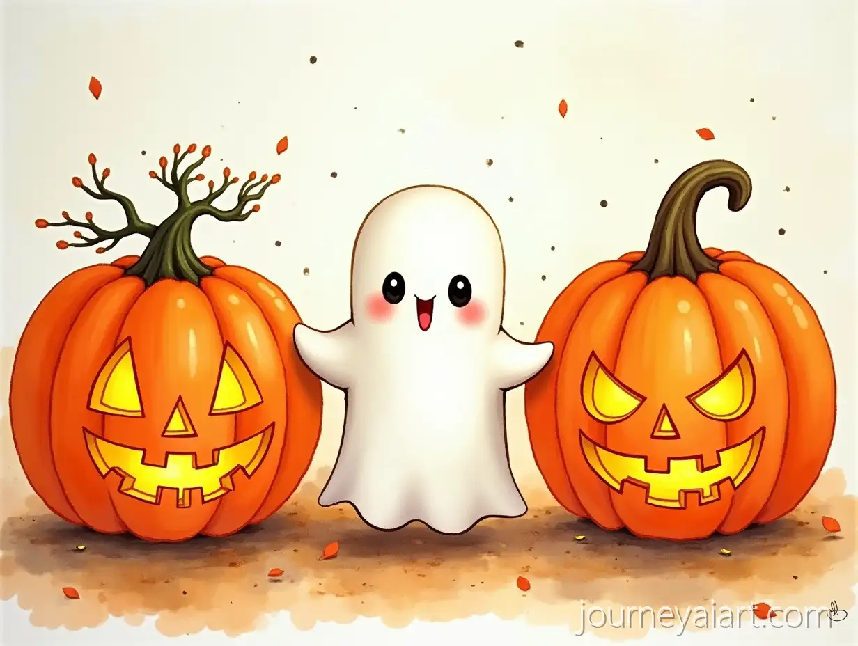 Friendly-Ghost-Playing-Among-Smiling-Halloween-Pumpkins-in-Watercolor-Storybook-Style