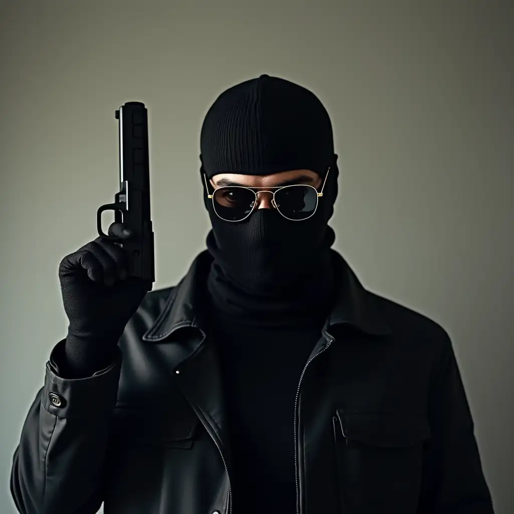 A robber with a balaclava on his head, cool glasses and a gun in his hand raised to his shoulder