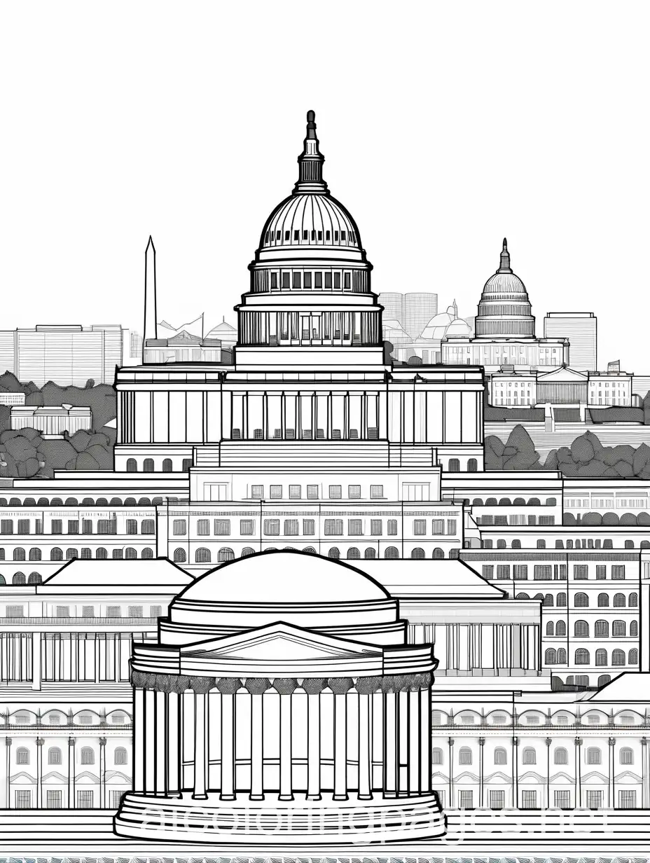 washington dc skyline, Coloring Page, black and white, line art, white background, Simplicity, Ample White Space