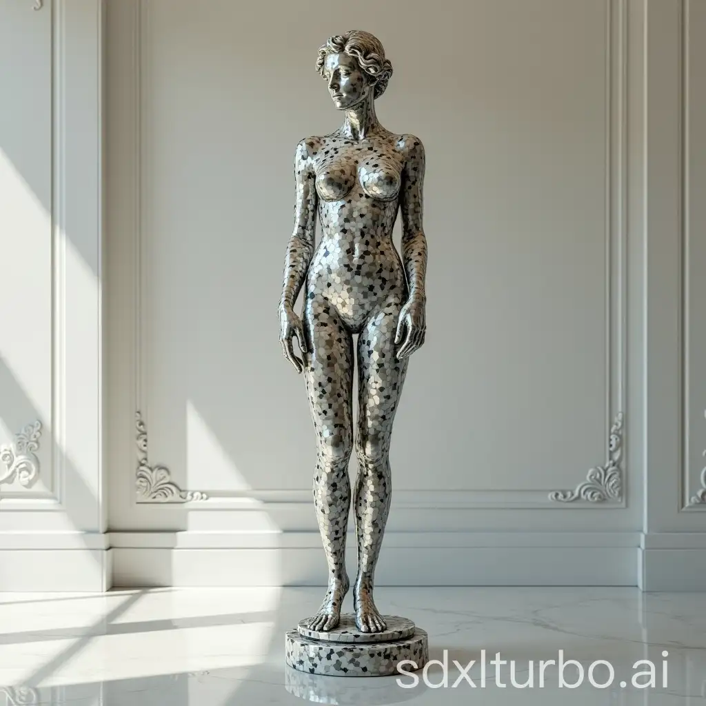 Mirrored-Mosaic-Female-Statue-in-Empty-Room