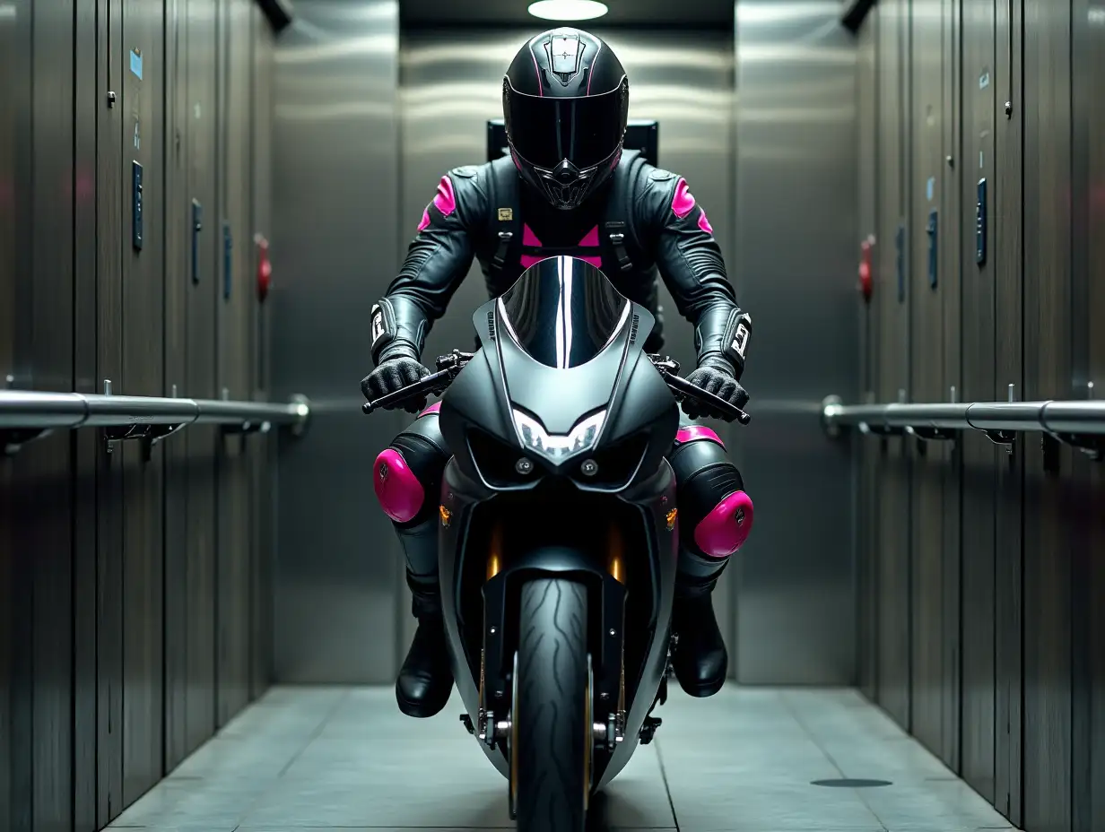 a teenage woman riding a modern speedy motorbike inside a large metallic elevator with open door, a trace of an art deco hotel hallway with crafted walls on the sides, she is entirely covered, only eyes visible, wearing a black durable racing suit with notable pink details, bulky motorbike boots, full helmet with mask and transparent visor, gloves, backpack straps, knee pads, lots of wearable gear, turned to front