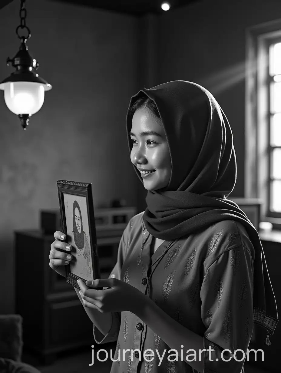 Indonesian-Teenage-Girl-Holding-Photo-Frame-in-Vintage-Room-with-Batik-Scarf