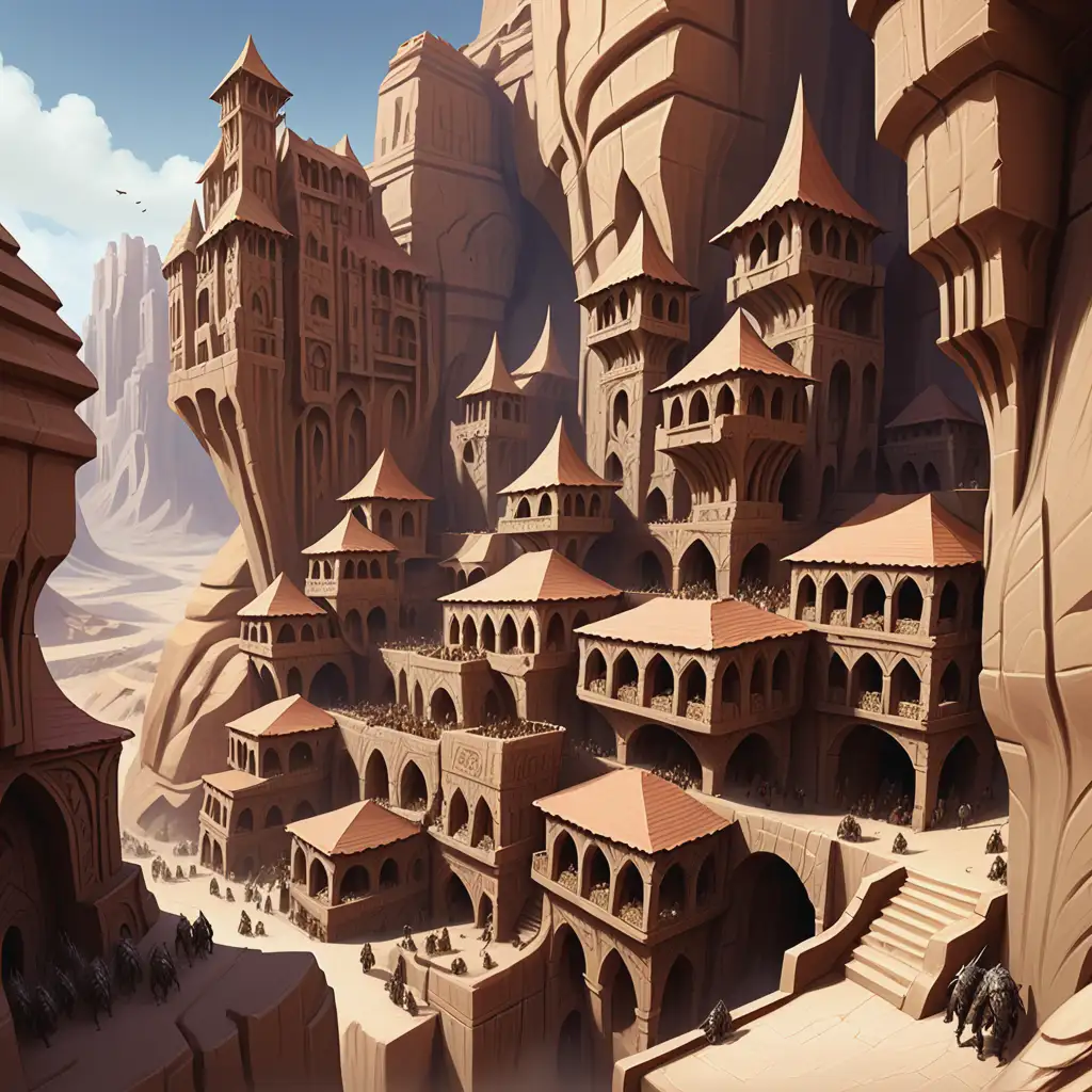 Orc City in Desert Sandstone Cliffs with Intricate Architecture