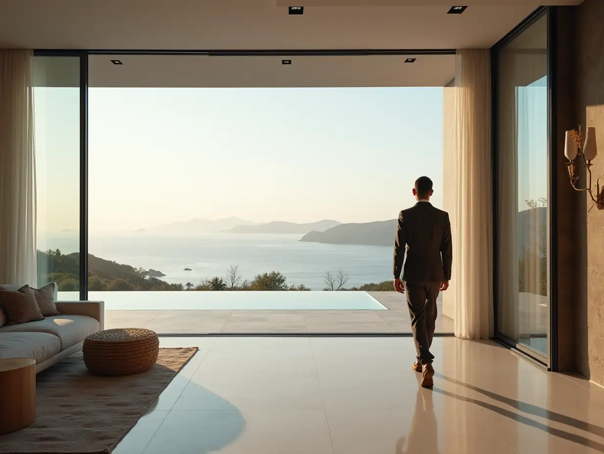 Very elegant man walking in big luxury house with beautiful view to sea