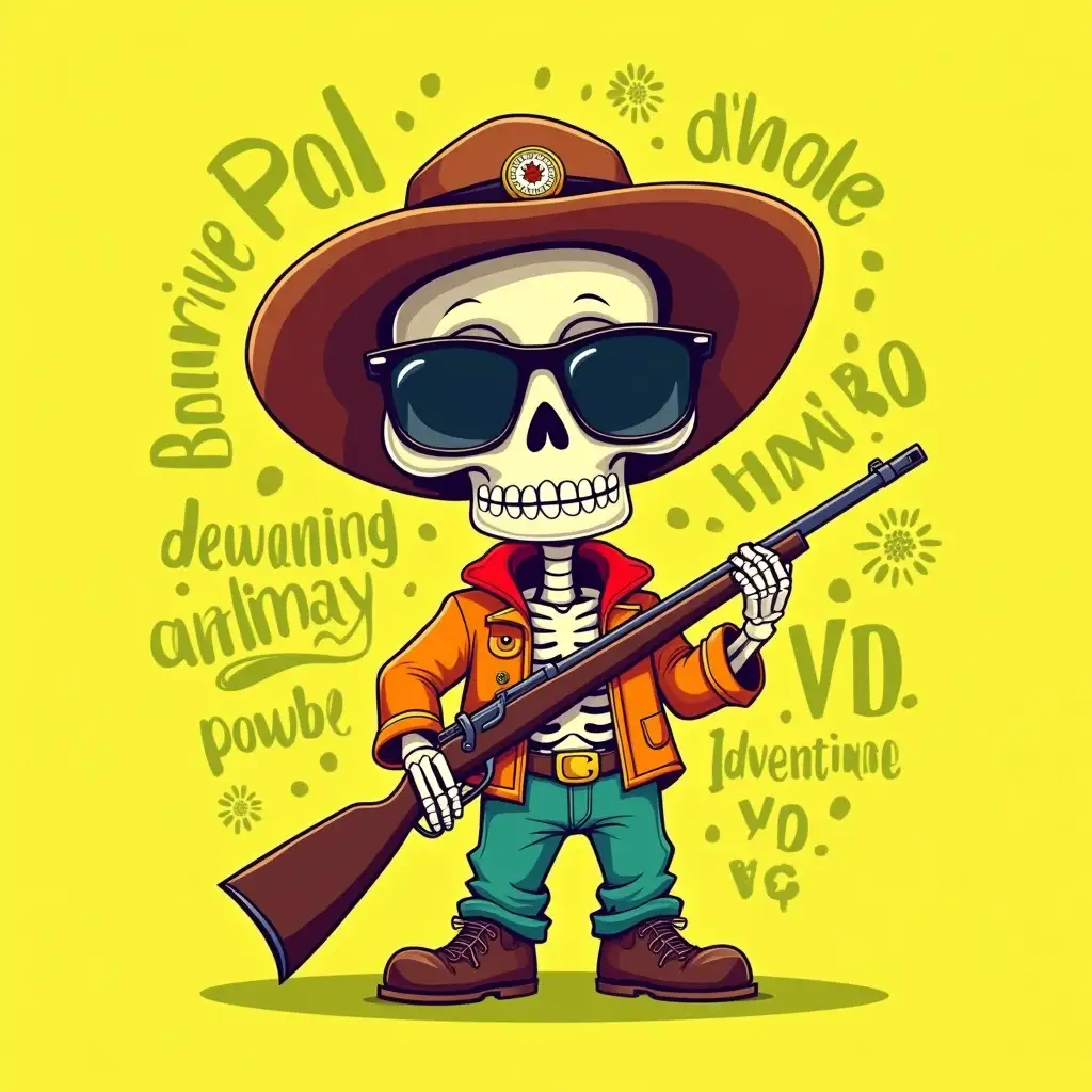 Create an illustration of a quirky, cartoonish skeleton character dressed in a vibrant, colorful outfit. The skeleton wears oversized sunglasses and a wide-brimmed hat adorned with a pin. It holds an old-fashioned rifle, emphasizing a playful yet adventurous vibe. The background is a bright yellow with whimsical, green doodles and text reflecting themes of adventure and fun.