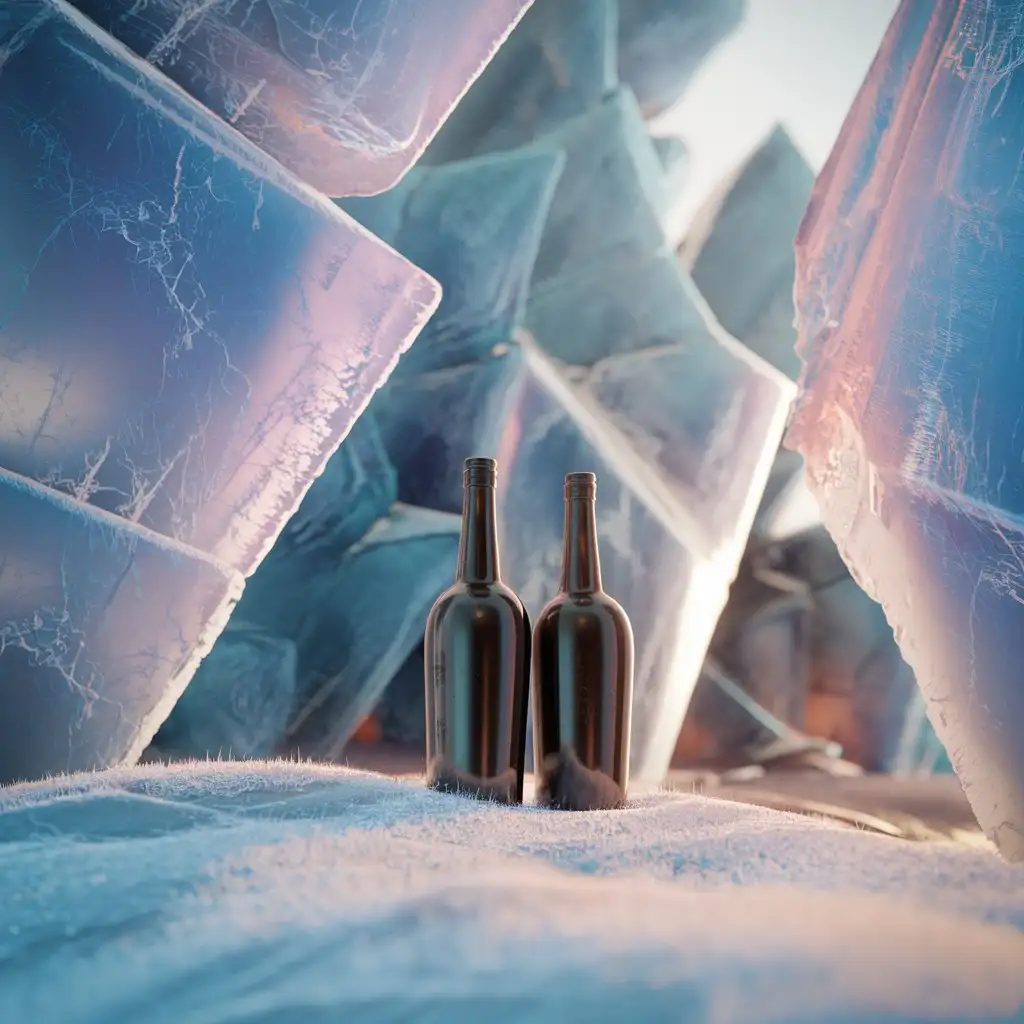 two bottles are standing on a background of ice with 3d special effects