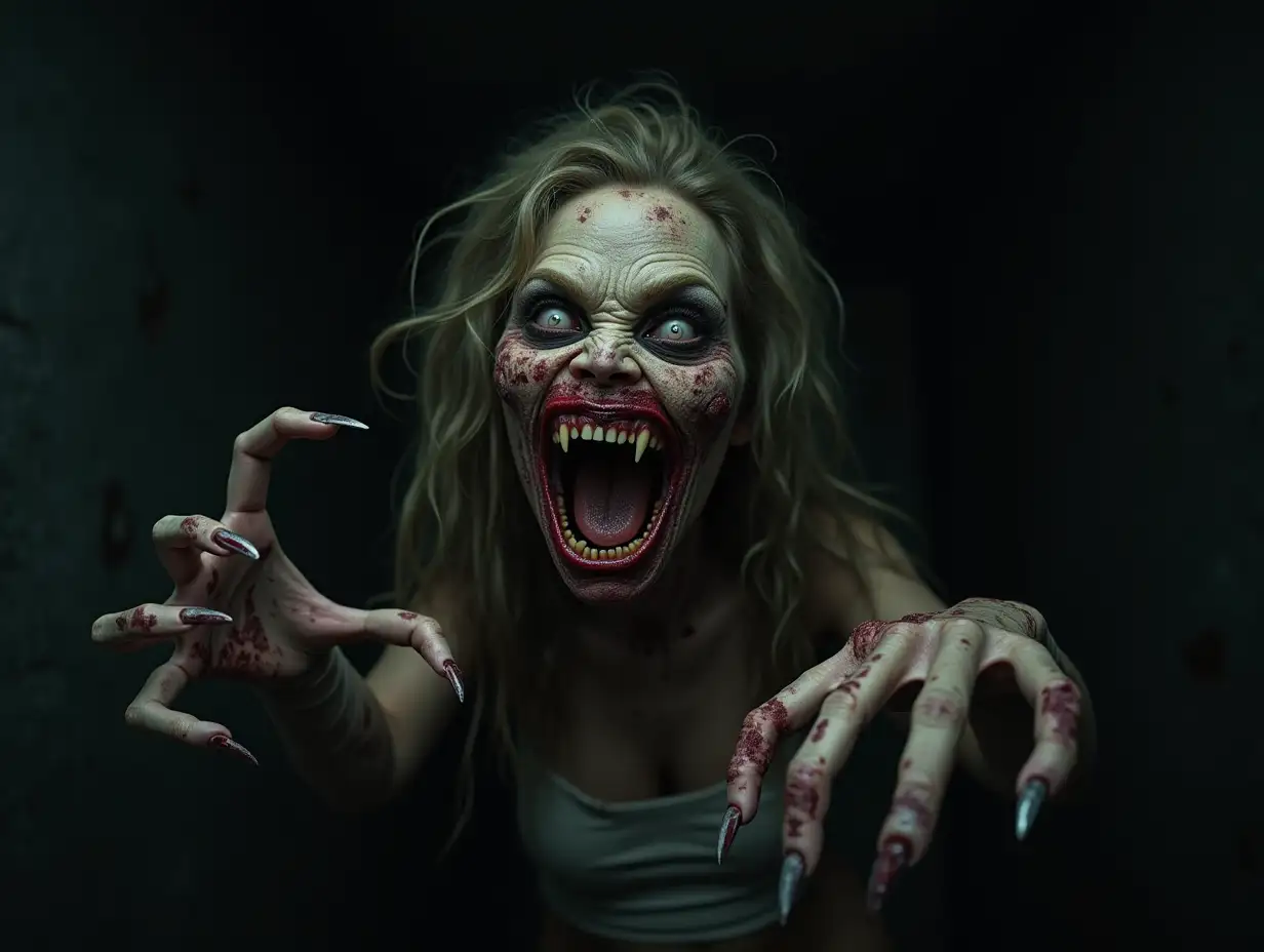 Close-up of zombie woman creature's face and upper body. the creature appears to be in a dark and eerie environment, with a dark background and a hint of light shining on its face. its eyes are wide open and its mouth is slightly open, revealing sharp teeth and  extra long  curved nails like claws. its fur is covered in blood and grime, and its hands are outstretched, as if it is ready to attack. the overall mood of the image is menacing and foreboding.