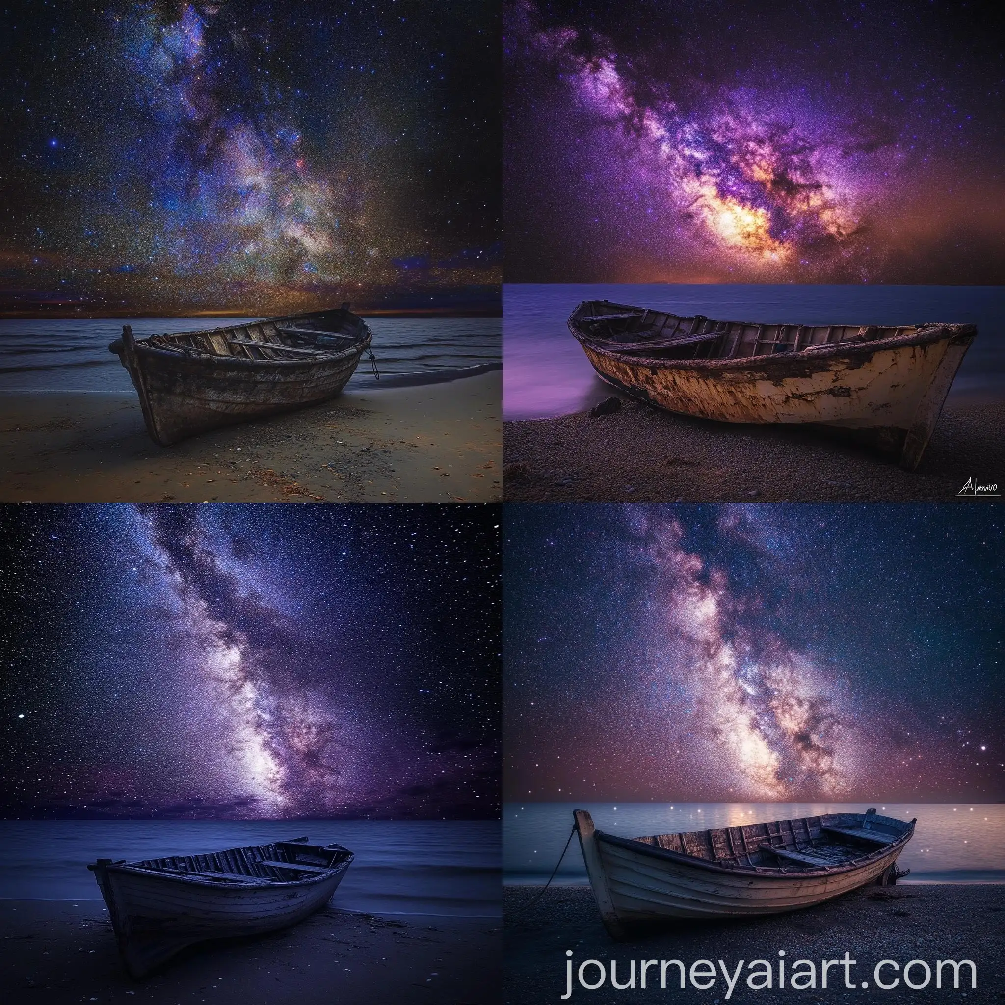 Lonely-Beach-at-Night-with-Abandoned-Boat-and-Bright-Stars