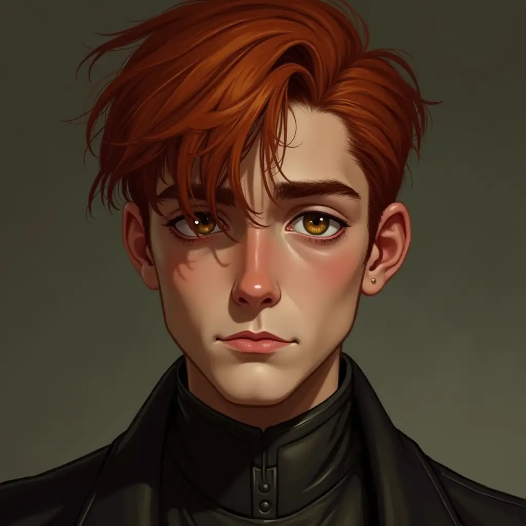 Photo in the style of realism. Handsome young man with red, thick hair. Amber, tired eyes. Wide eyebrows. Dark circles under eyes. Long face. Upturned nose with a hump. Cheekbones. Wearing fashionable clothes.