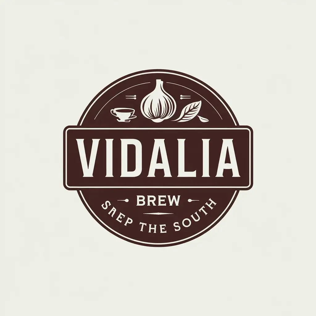 LOGO Design for Vidalia Brew Modern Vintage Style with Garlic Tea Cup and Leaf Elements