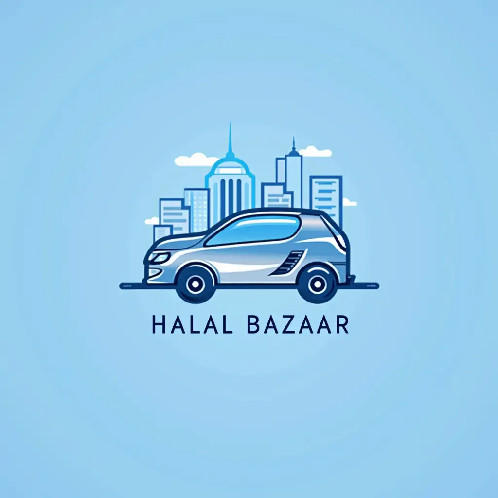 Design a modern and sleek logo for 'Halal Bazaar', a marketplace offering halal-friendly vehicles and transportation services. The logo should incorporate symbols of vehicles, such as a car or van, alongside elements representing speed, reliability, and halal values. Use clean lines and colors like blue, white, and silver to evoke trust, professionalism, and modernity. The design should convey the idea of a seamless, halal-certified transportation experience.