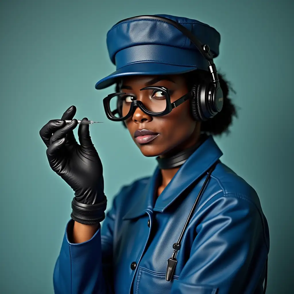 African-Nurse-in-Caribbean-Blue-Leather-Uniform-Holding-Injection-Needle