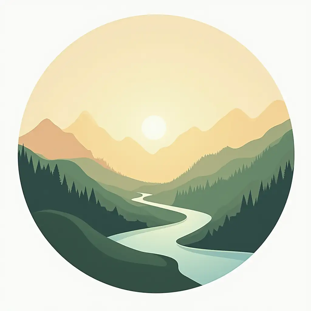 Create a flat design artwork of a landscape. Make the image in a circular design with empty spaces surrounding it.