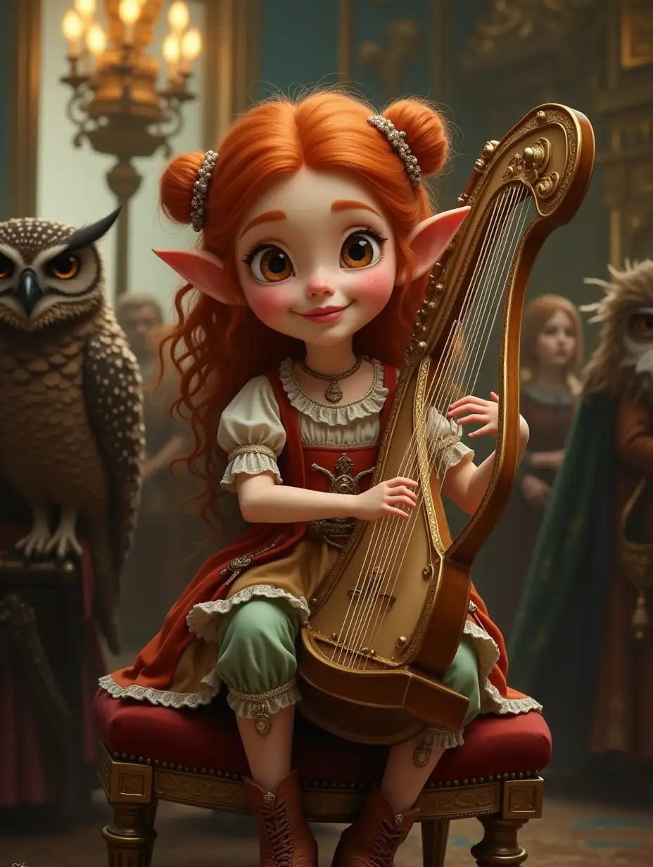 A cheery ginger-haired, freckled halfling with brown eyes and pom poms in her hair sits on a gold-inlay French Renaissance-style stool plays a glass harp in a fancy banquet hall surrounded by the backs of ostentatious fantasy onlookers, including an owl with a monocle.