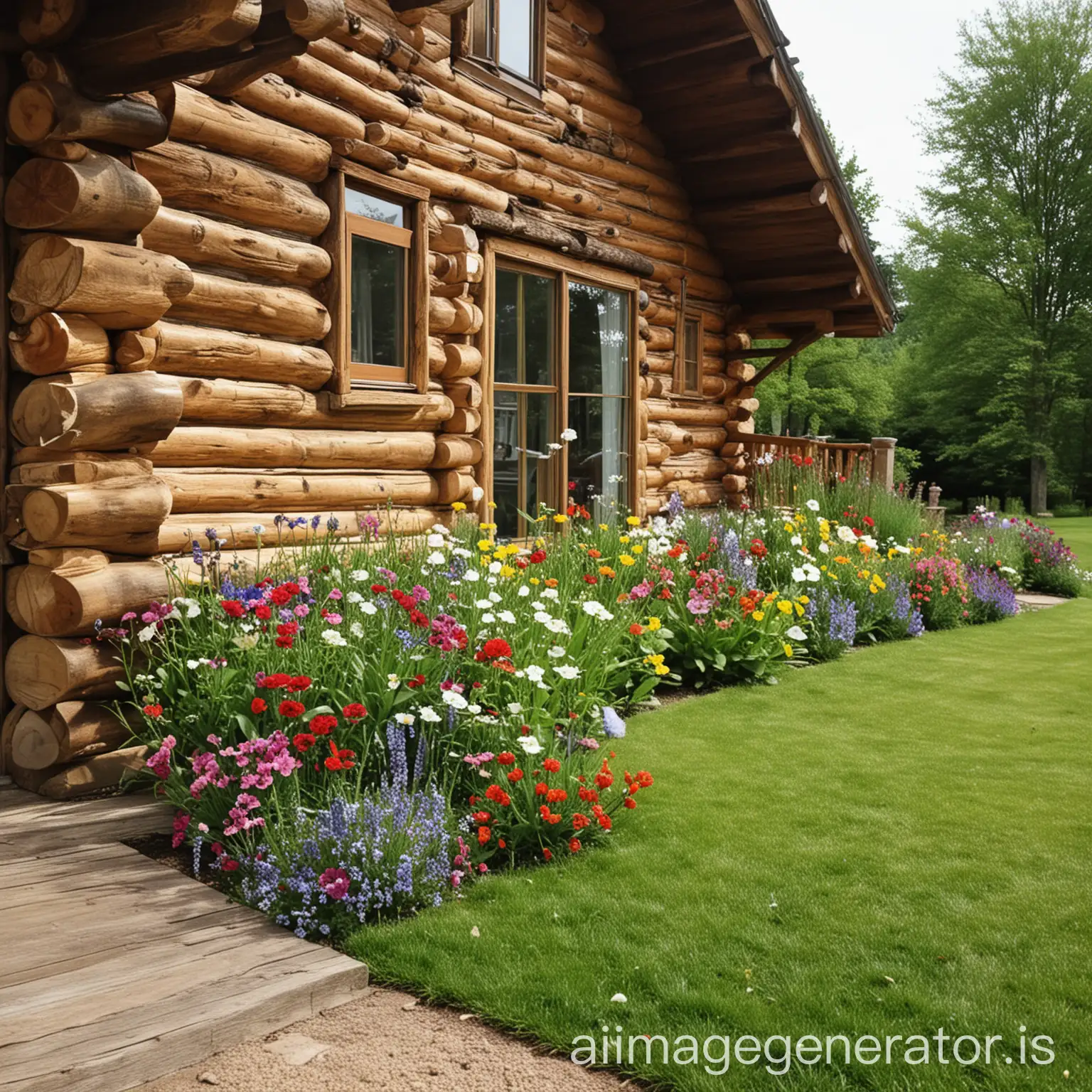 at the front of log cabin lawn flowers