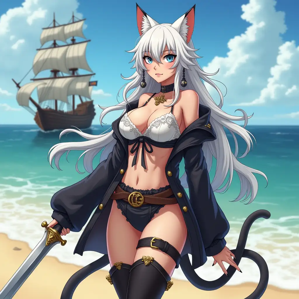 A mature adult tall feline/woman dressed as a pirate with a sword on a beach. A pirate ship in the background. Her 30-something years are disguised by her youthful facial features, except for her subtle wrinkles around the eyes, extremely slender body. Her ample bosom strains against her clothing, threatening to burst free from the fabric, extreme cleavage. Midriff. Wearing black thigh high pirate boots. She has piercing blue cat eyes. A choker adorns her neck, a subtle hint at her feline nature. Her long, white hair cascades down her back like a wild waterfall, tangled and disheveled. Her cat-like teeth glint in the light, as her white fur-lined ears punctuate her visage with sparkling black and gold earring adorns each ear, adding a touch of elegance to her feline features. Cat whiskers on her face. The attached tail at the base of her spine stirs lazily. Long fingernails. Full body view. Anime.