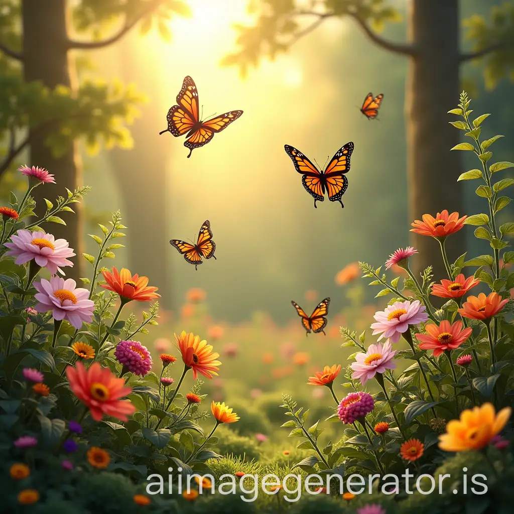 Serene-Garden-with-Vibrant-Flowers-Butterflies-and-Birds-Under-a-Sunny-Sky