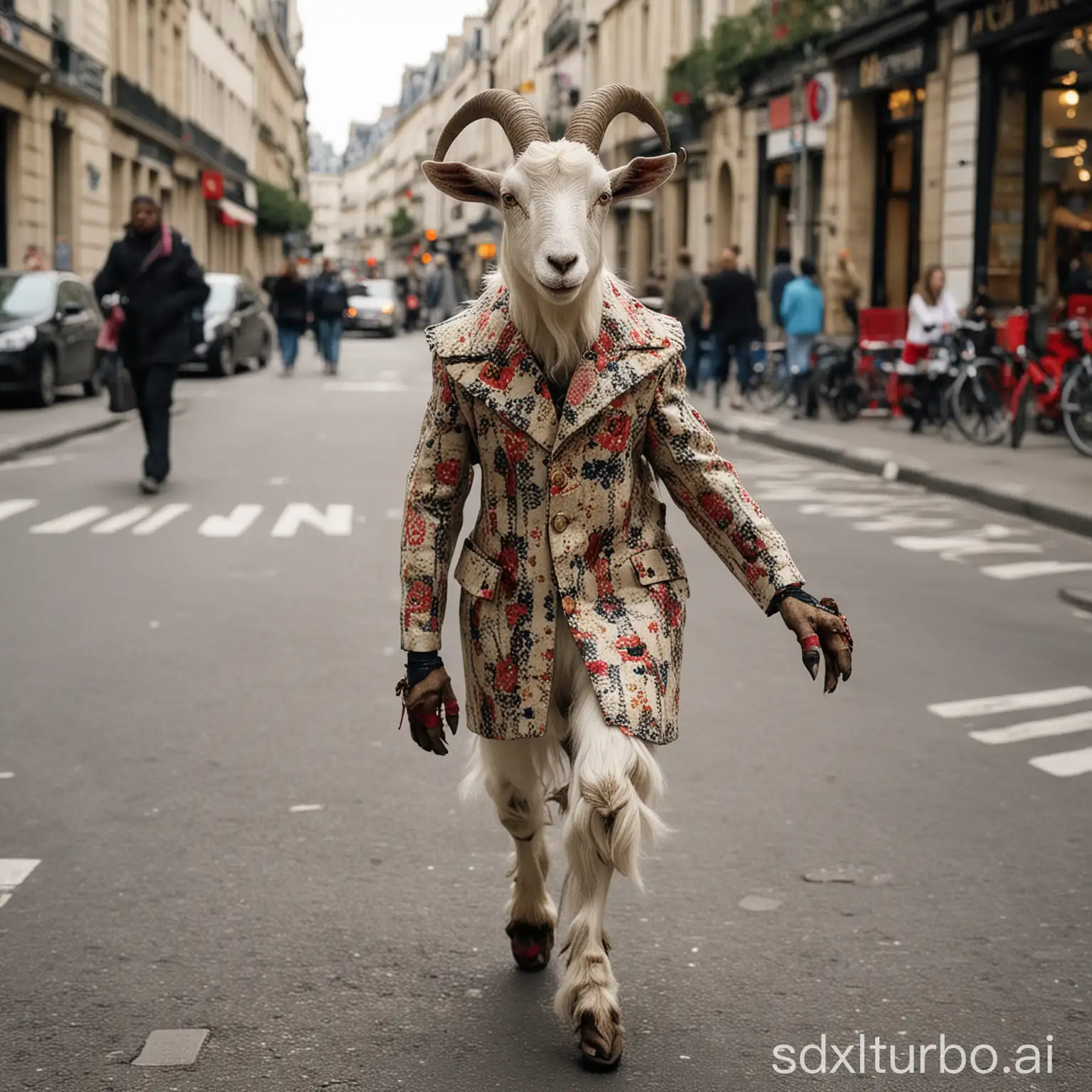 A very made-up goat, dressed in the latest fashion, walking on two legs through the streets of Paris