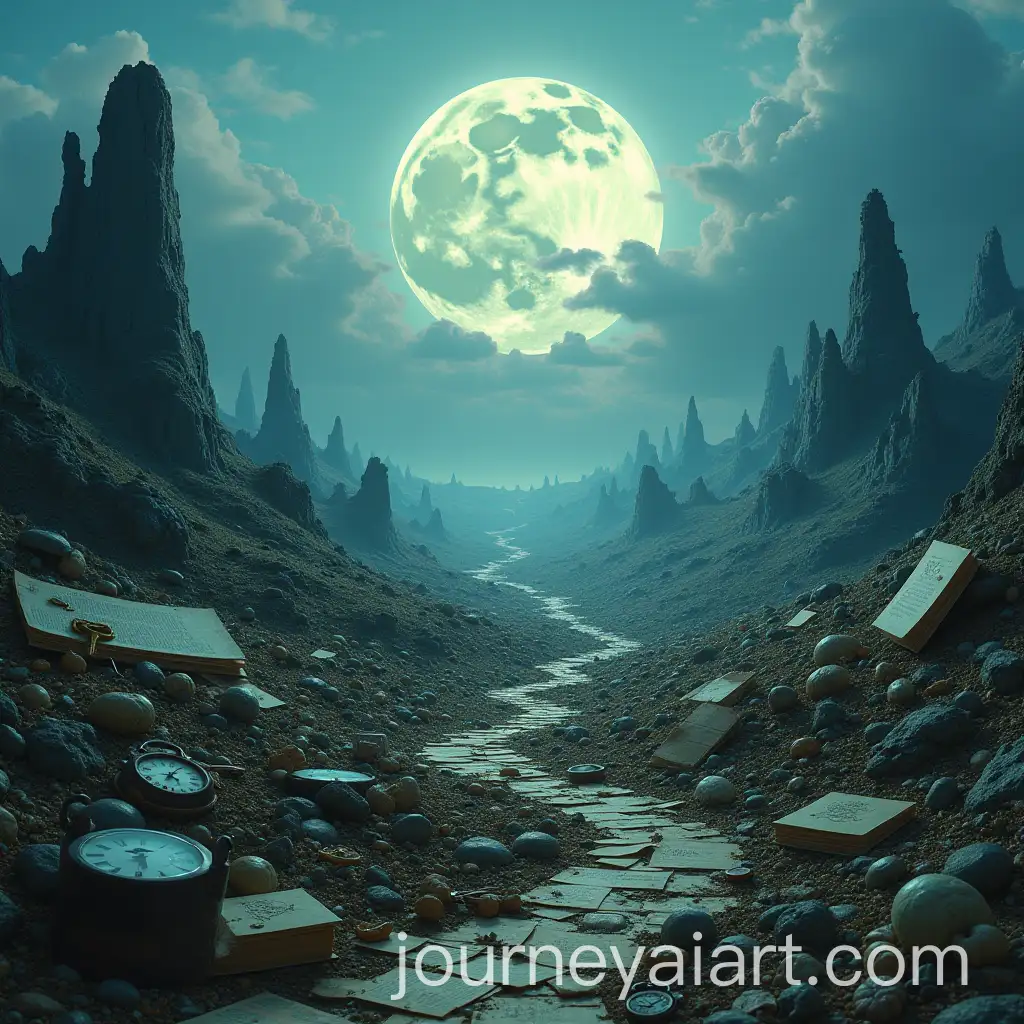 Surreal-Planet-of-Lost-Objects-with-Broken-Clocks-Keys-and-Photo-Albums