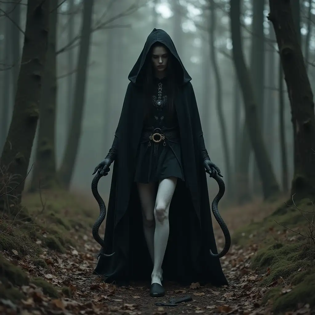 a lone slavic pagan priestess in a black cloak walking through a forest, pale face, long white legs and snakes appearing from under her hood