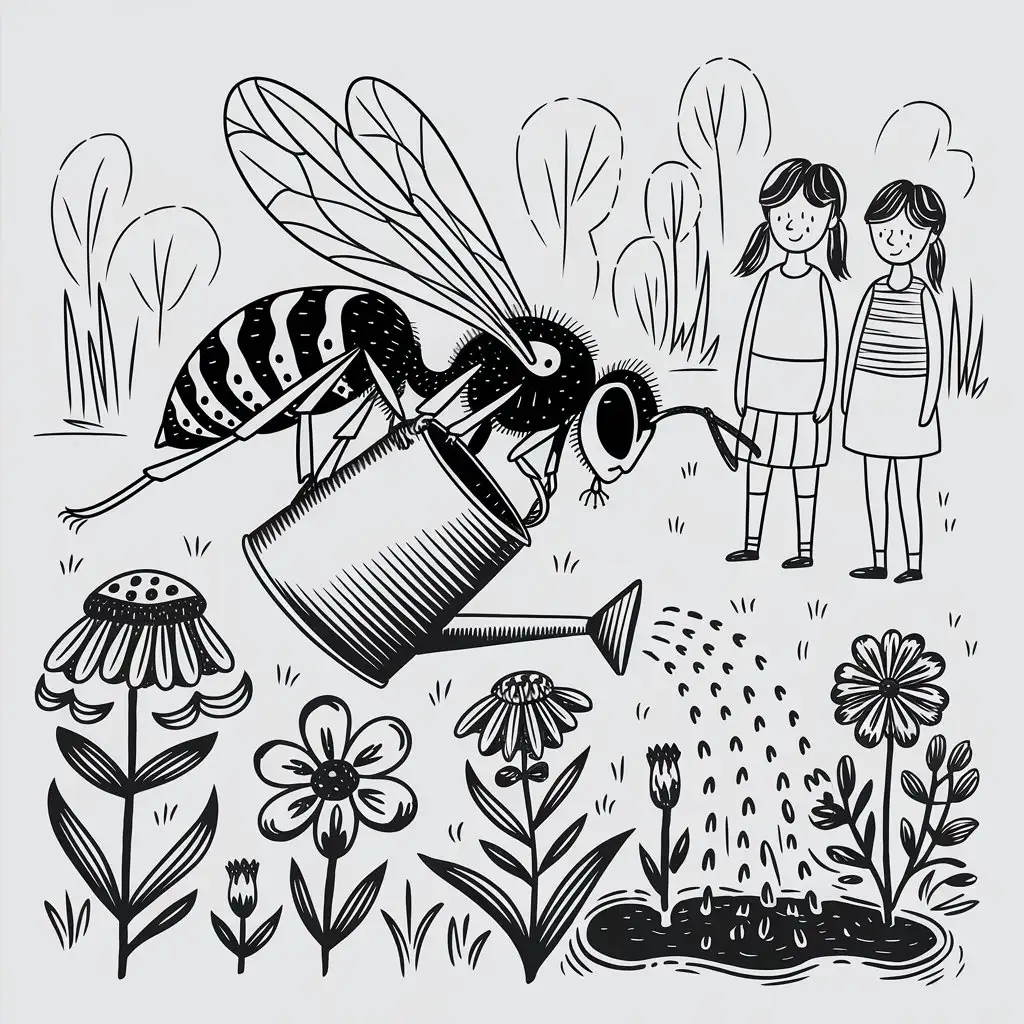 Wasp-Watering-Flowers-in-a-Garden-with-Girls-in-Black-and-White-HandDrawn-Style