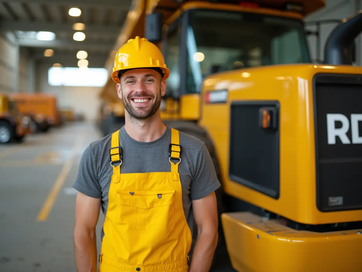 Man-in-Yellow-Overalls-and-Hard-Hat-Poses-Next-to-Bright-Yellow-Construction-Truck