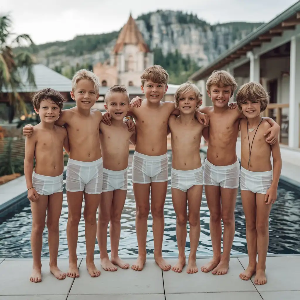 Caucasian-Boys-Posing-in-White-Compression-Shorts-on-Balcony-with-Water-Monastery-View