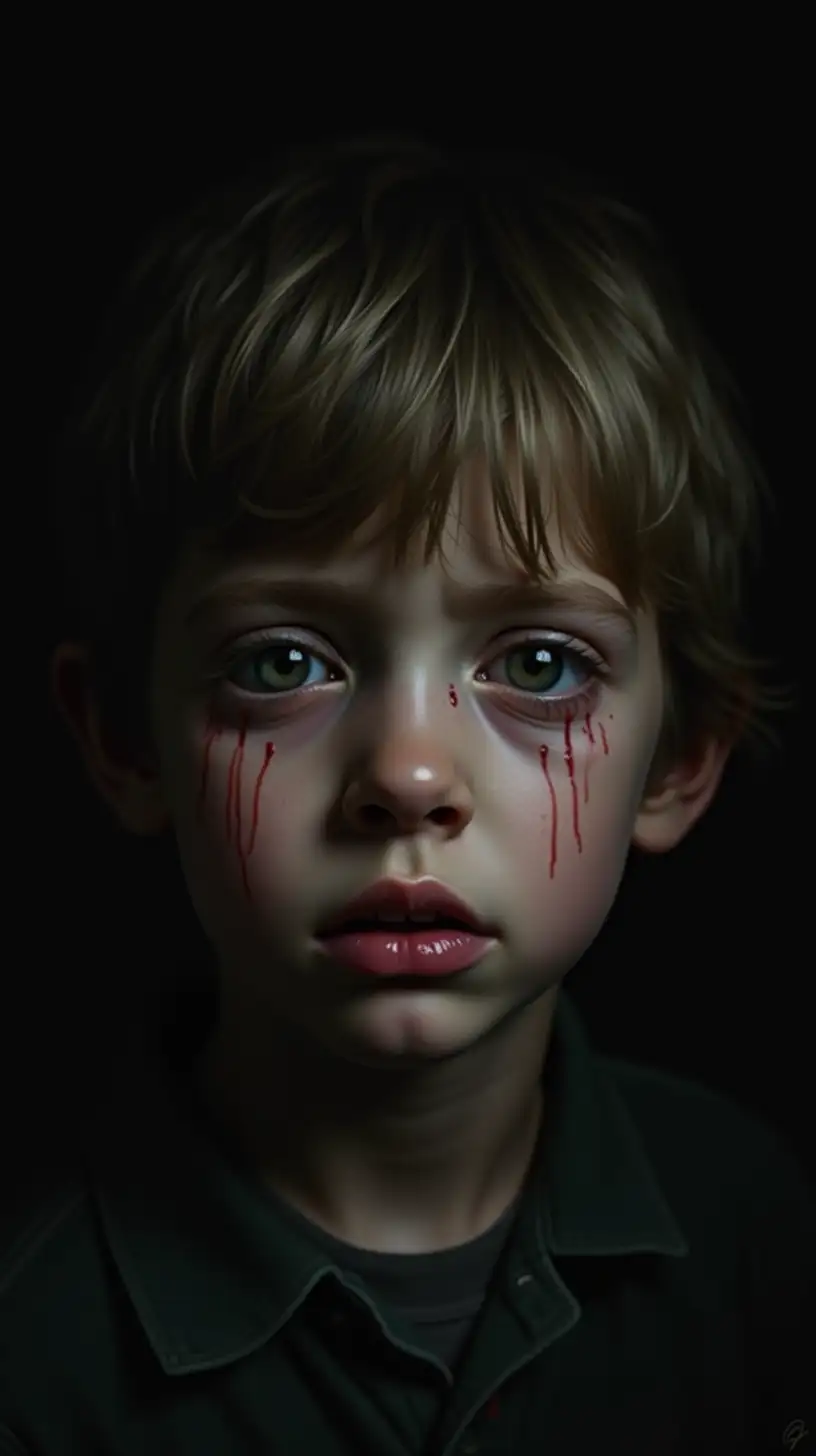 Haunting Portrait of a Crying Boy in Dim Lighting