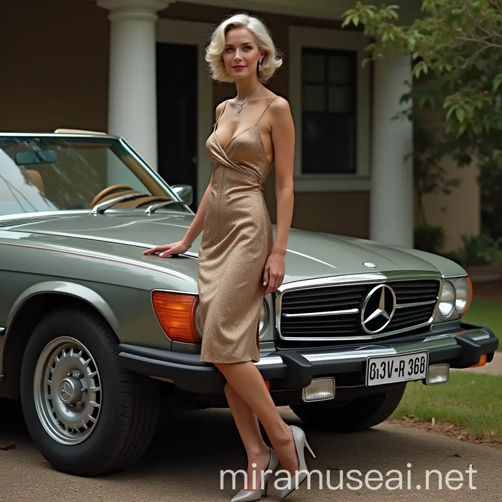 Elegant Older Woman in Silk Dress Standing by Mercedes 560 SL