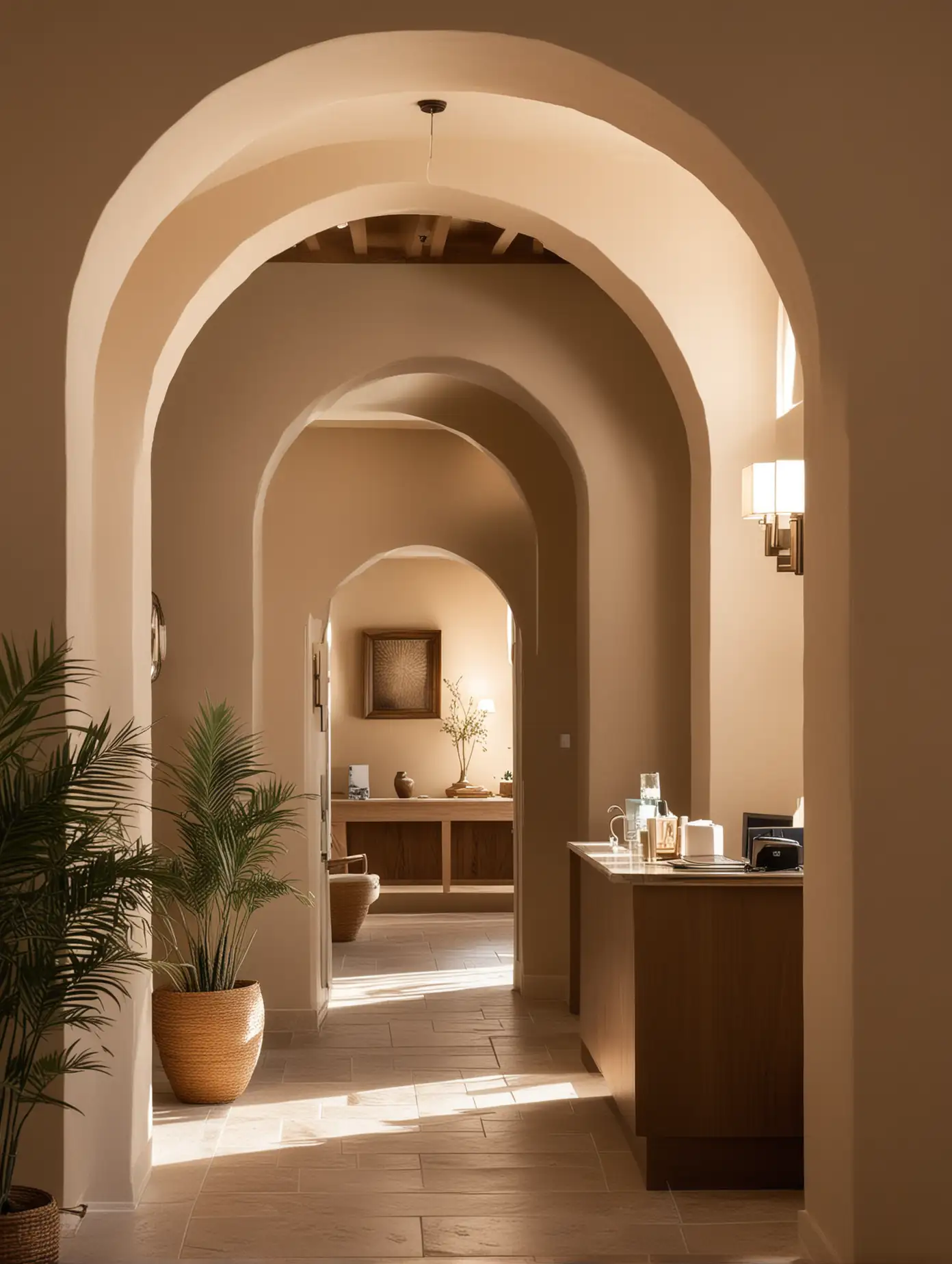 Looking through an archway of the front desk lobby of a resort spa embodying sustainable beauty practices. Warmth and ambiance. Soft lighting highlights textures and colors, creating a serene atmosphere for self-care moments. Taupe color