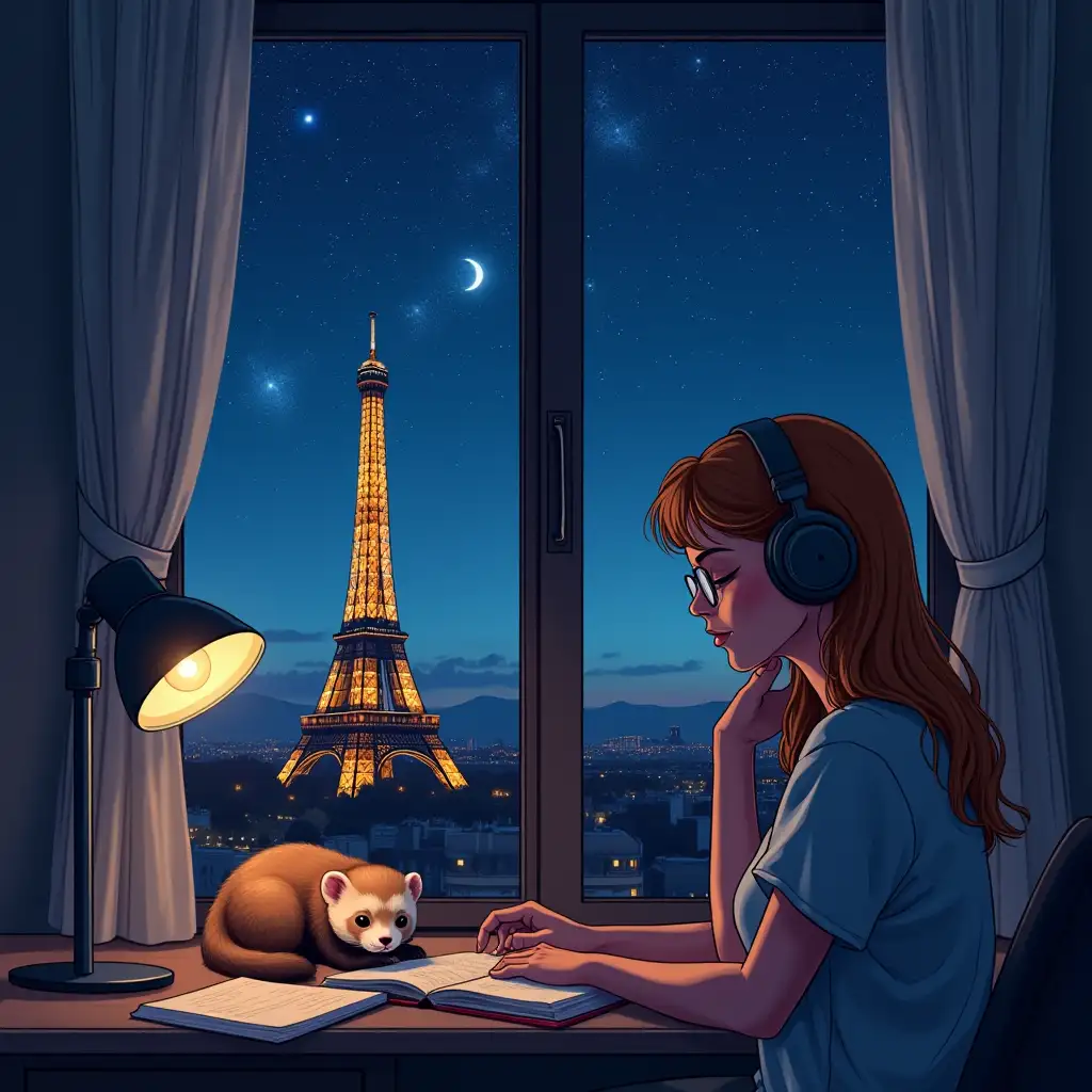 manga image of a 30-year-old woman for a lofi music youtube channel, the woman is in her room with a university study atmosphere, relaxed clothing, music headphones, a large window with a view of the Eiffel Tower at night and a spectacular starry night sky, in the window frame a cute pet ferret that rests quietly, 16:9 format