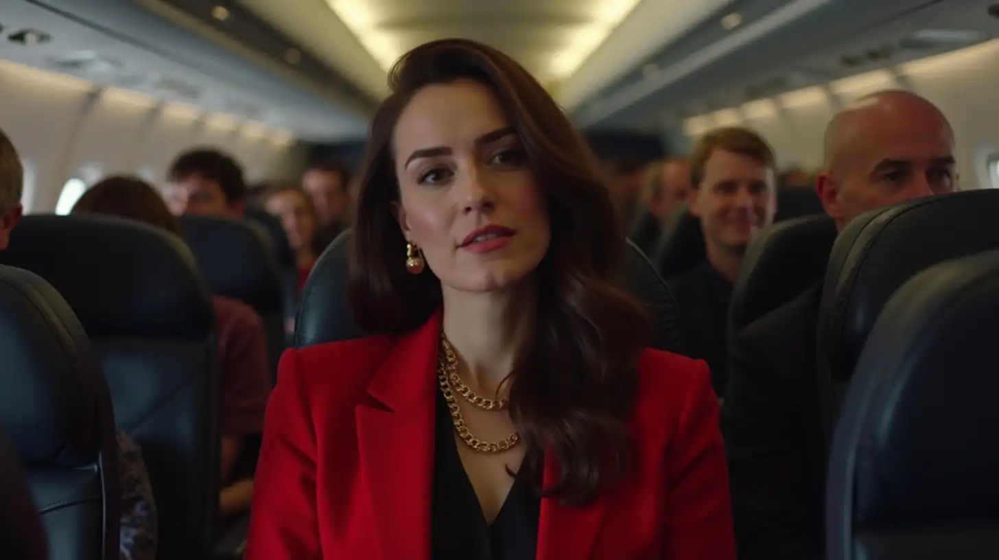 Woman in Red Blazer Sitting in Airline Seat Surrounded by People