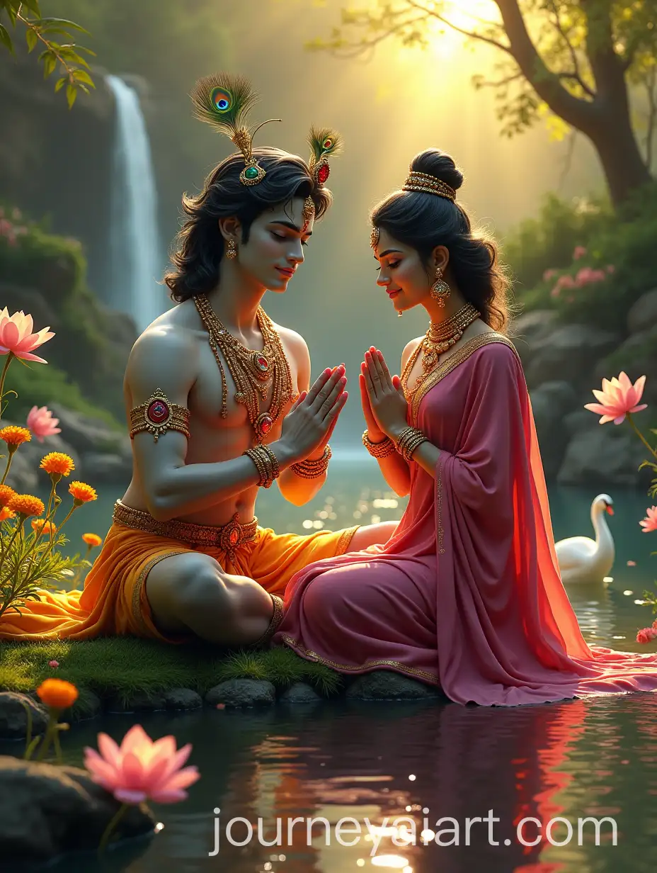 Krishna-and-Radha-in-a-Divine-Garden-with-Marigolds-and-Lotuses
