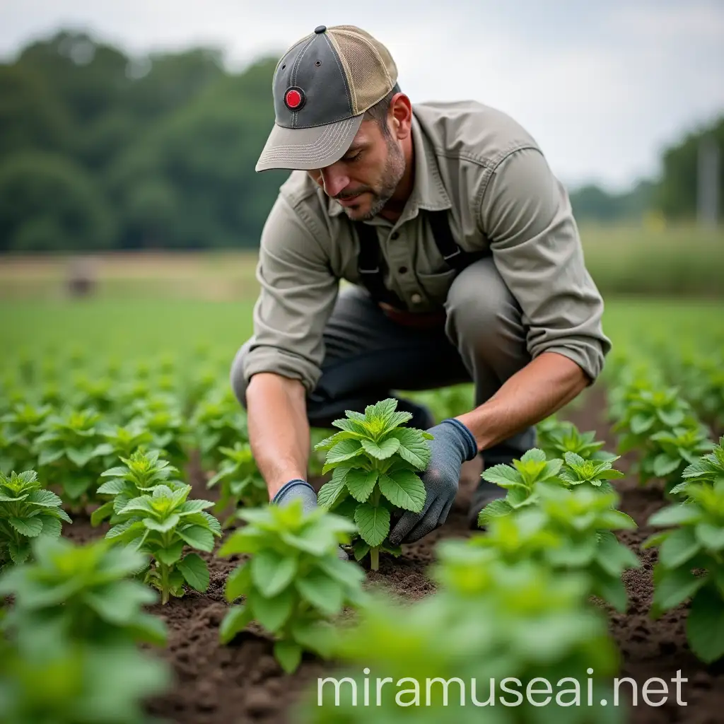 Farmer Harvesting Fresh Mint in a Lush Field