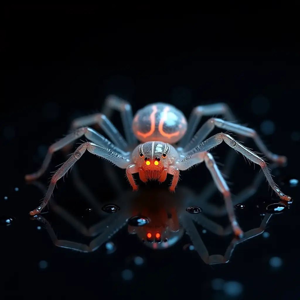 a spider with transparent skin like glass, patterns on the legs and abdomen in a satin finish like lightly etched or frosted glass, the insides of the spider is filled with a translucent bioluminescent liquid that creates a soft glow, the six eyes of the spider have an orange neon glow, the spider sits on top a black surface that is like black glass mirror, many water droplets of varying sizes , background is all black that is infinite, hyperrealism, hyperdetailed, perfect studio lighting