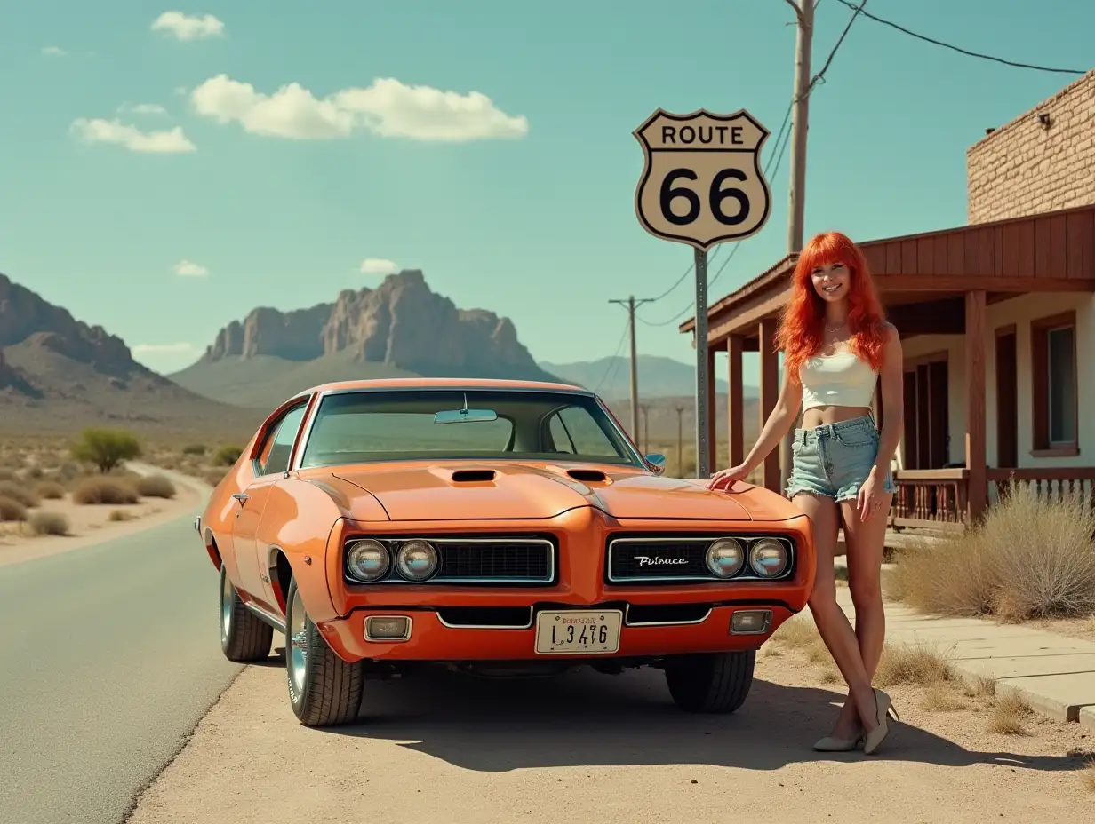 1969-Pontiac-GTO-and-Woman-in-60s-Clothing-in-Abandoned-Ghost-Town-Arizona