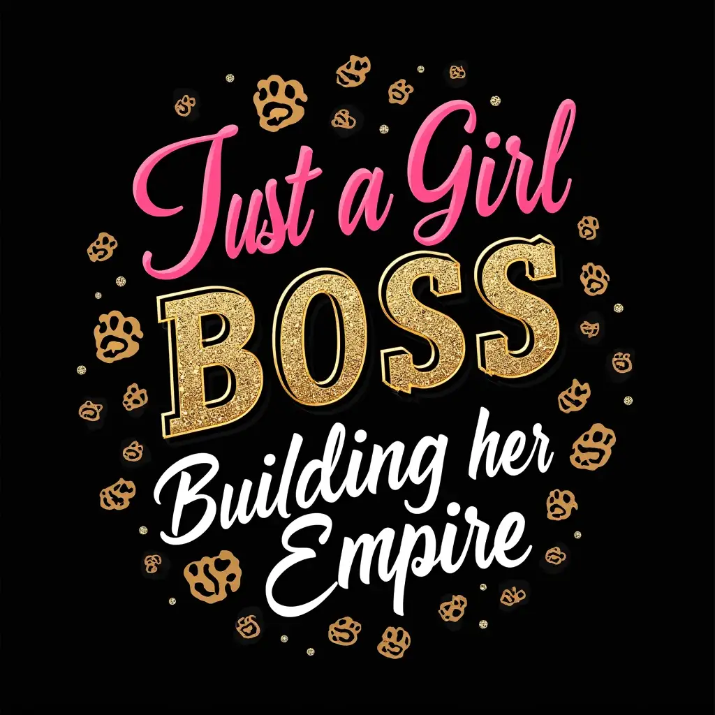 A bold and stylish design featuring the phrase 'Just a Girl Boss Building Her Empire' in a mix of modern fonts. ‘Girl’ is in elegant pink script, ‘BOSS’ is large, glittery gold with a 3D effect, and ‘Building Her Empire’ is in sleek metallic gray and gold. The background is black with gold leopard print accents on the top and bottom, adding a chic and empowering vibe. The composition is a single cohesive image, not split into sections.black and neon