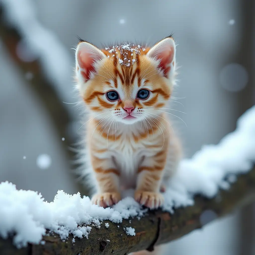 Adorable-Super-Mini-Kitten-on-a-Snowy-Tree-Branch