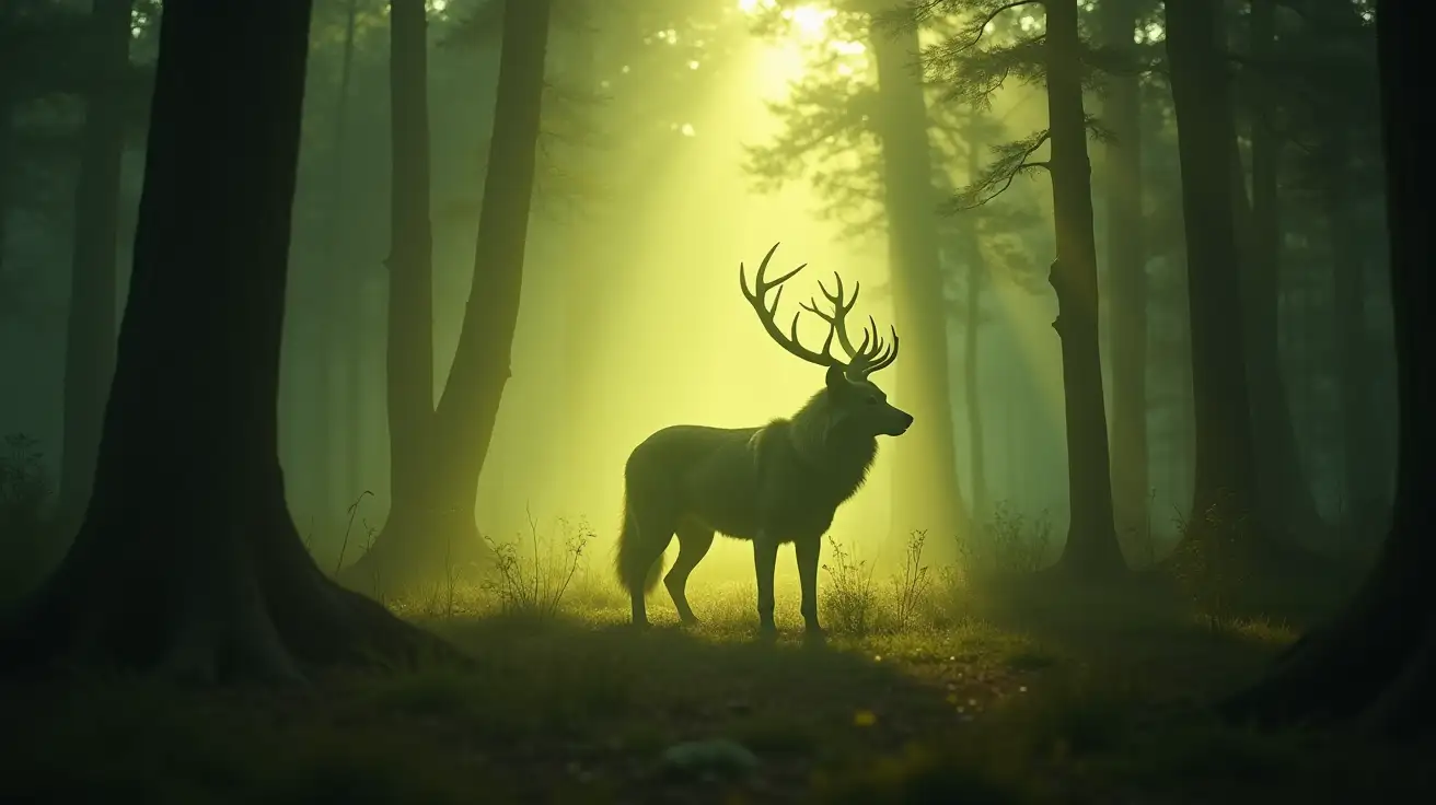 A mystical forest glade bathed in soft green-gold light. Emerging from the mist and trees, a luminous spirit animal—part shadow, part light—approaches with quiet power (its form intentionally indistinct, shimmering between wolf, stag, bird, and bear). Subtle markings of light appear on the figure’s skin, glowing with the essence of the animal. The scene feels wild, sacred, and timeless—shamanic atmosphere, earthy tones, cinematic composition.